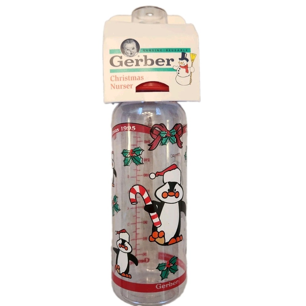 Vtg NOS Gerber Baby Bottle 9 oz. Christmas Nurser Penguin Santas Green Nipple 95